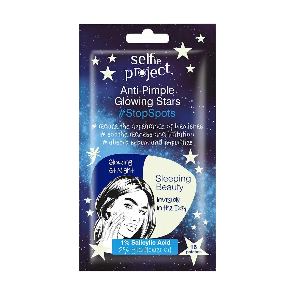 Патчі для обличчя Selfie Project StopSpots Anti-Pimple Glowing Stars проти прищів, з саліциловою кислотою та олією зірочника, 16 шт